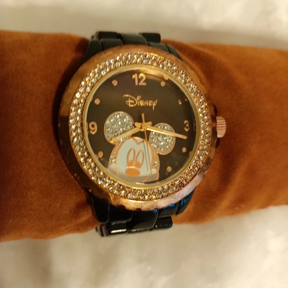 Disney Mickey Mouse metal and rhinestone women's black watch
